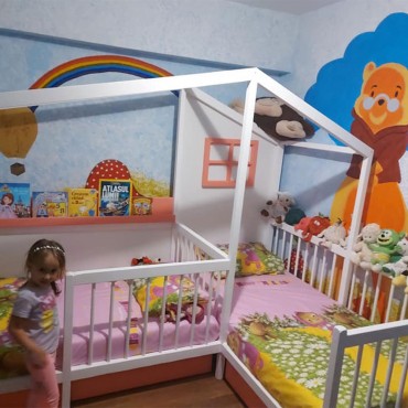 Patut din lemn masiv model casuta Montessori dublu 2*90*200cm dedicat fratiorilor